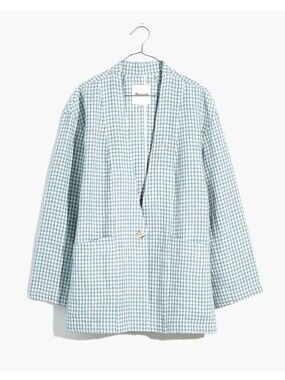 Madewell Linen Collarless Blazer in Gingham Check